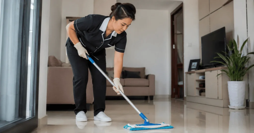 Professional housekeeping staff mopping the floor during part-time cleaner jobs in New Zealand