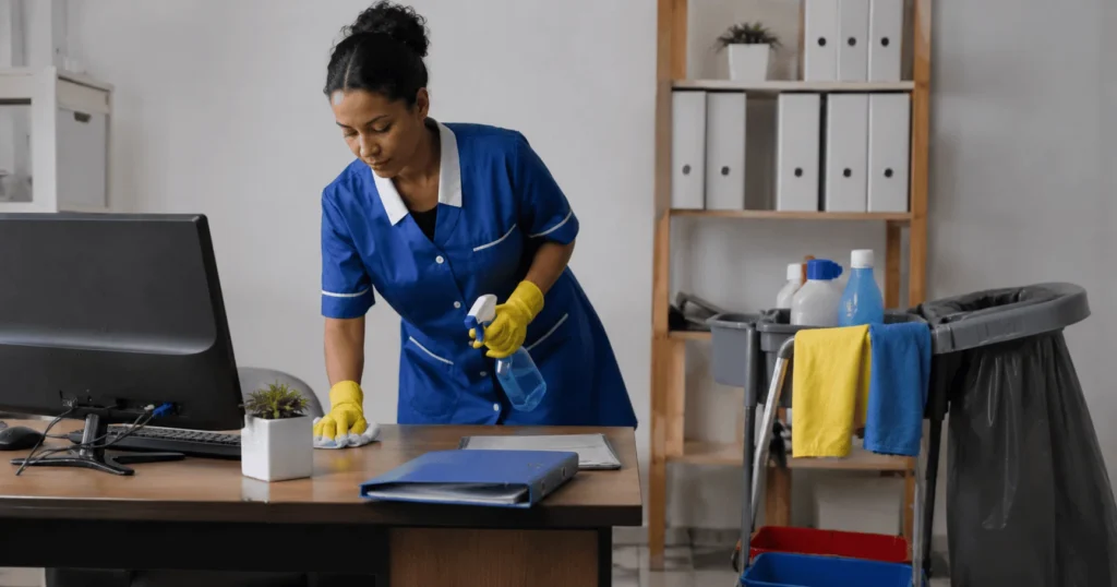 Professional office cleaner cleaning a modern office workspace in Toamasina, Madagascar for an Office Cleaner Jobs in Madagascar opportunity.