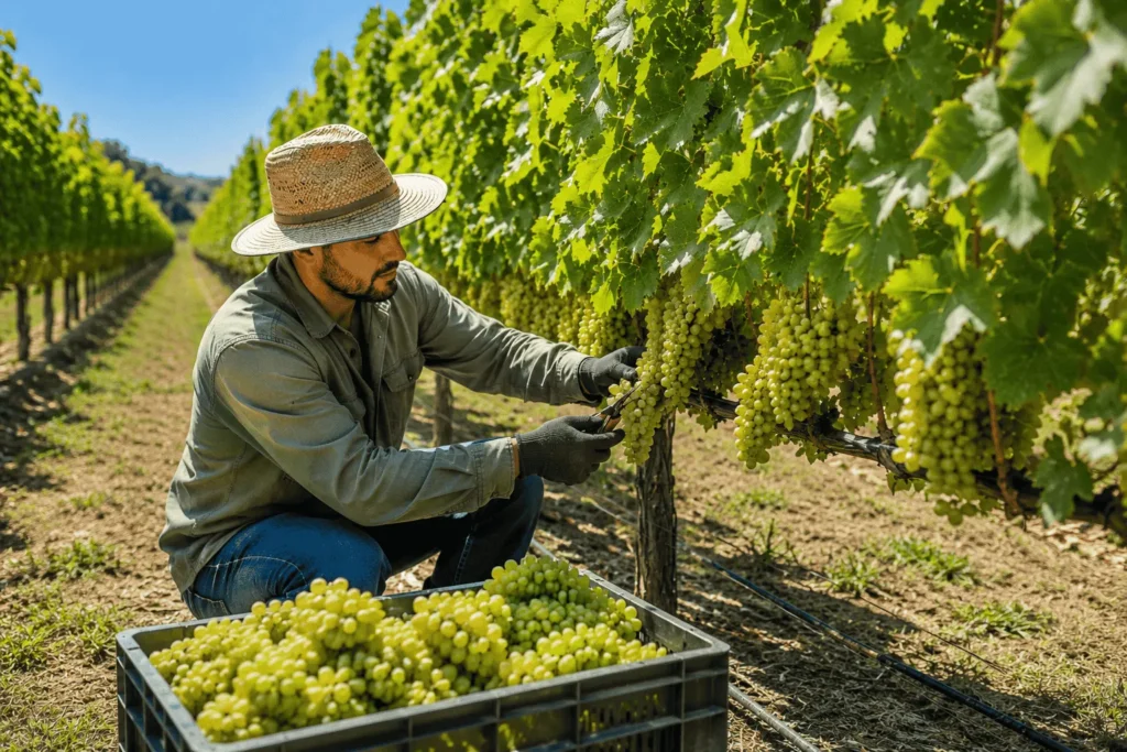 Fruit Farm Worker harvesting fresh grapes in a vineyard at RJN Cua Vineyards Pty Ltd, Red Cliffs Victoria, Australia.