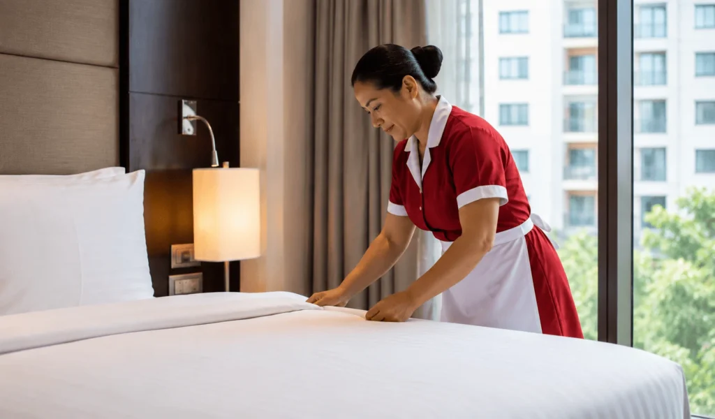 Housekeeper Jobs in Philippines – Professional housekeeper cleaning a modern hotel room in Pasig, Philippines