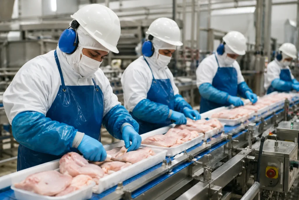 Factory workers operating food processing equipment in a modern food manufacturing facility in Brazil while following hygiene and safety standards.