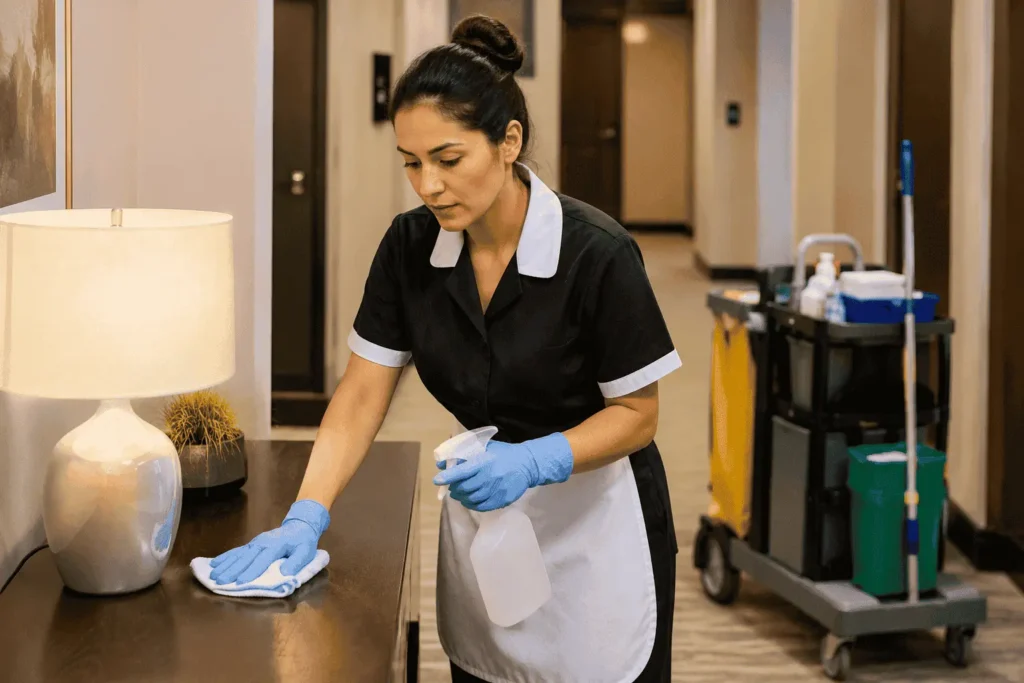 Professional cleaner maintaining a residential property in Brazil as part of daily property management and cleaning services.