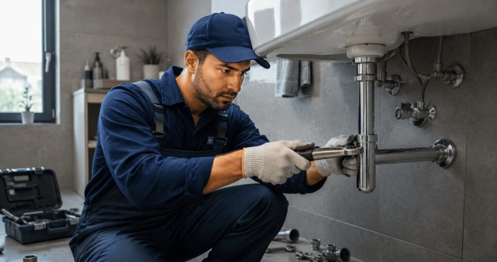 Experienced plumber repairing a plumbing system during a plumber job in Dubai, UAE.