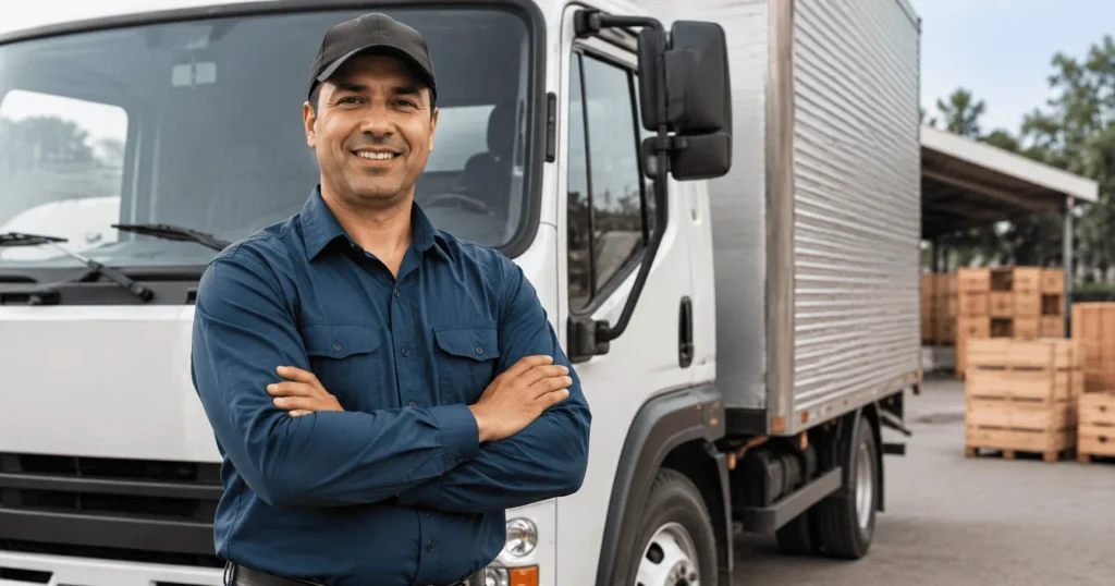 Professional truck driver standing beside a cargo truck at a logistics warehouse in Nantes, São Paulo, Brazil for a truck driver job opportunity.