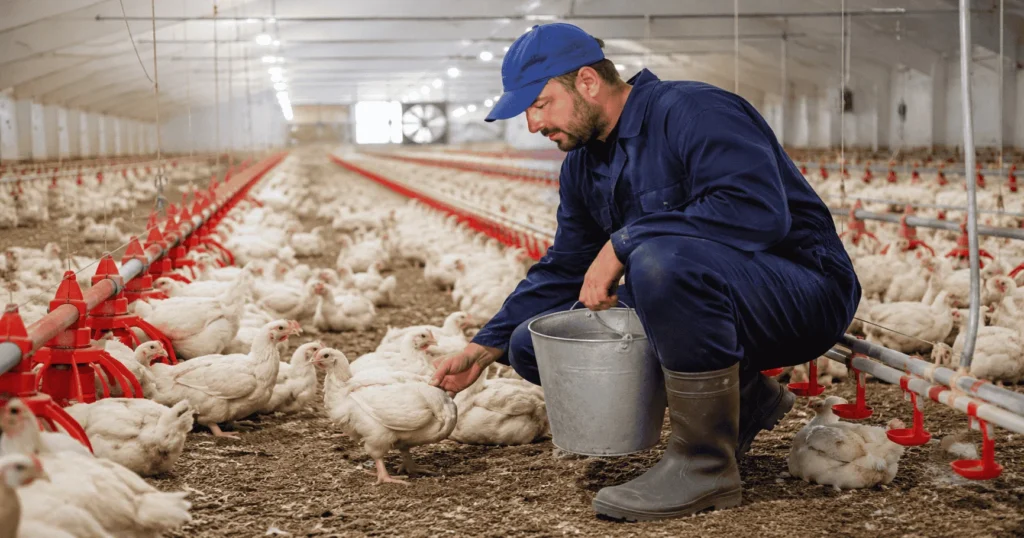 Poultry Farm Worker Jobs in Canada showing a farm worker feeding and caring for chickens inside a modern commercial poultry farm.
