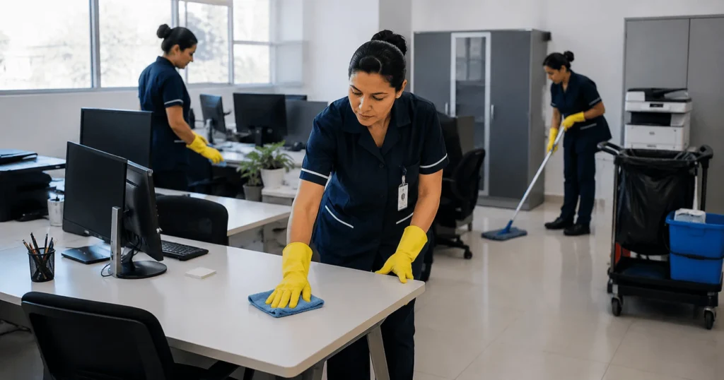 Office cleaner cleaning a modern office in São Paulo, Brazil during a full-time CLT cleaning job