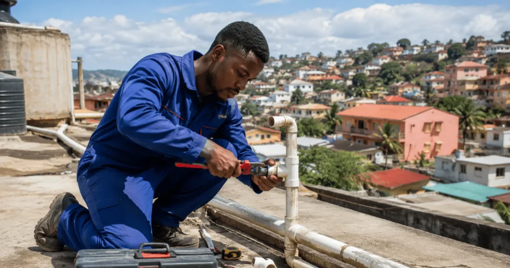 Experienced industrial plumber installing and repairing outdoor plumbing pipes at a worksite in Ivato, Antananarivo, Madagascar.