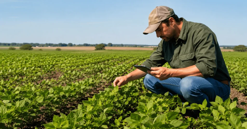 Agricultural Operations Technician inspecting crop fields during modern farming operations in Brazil