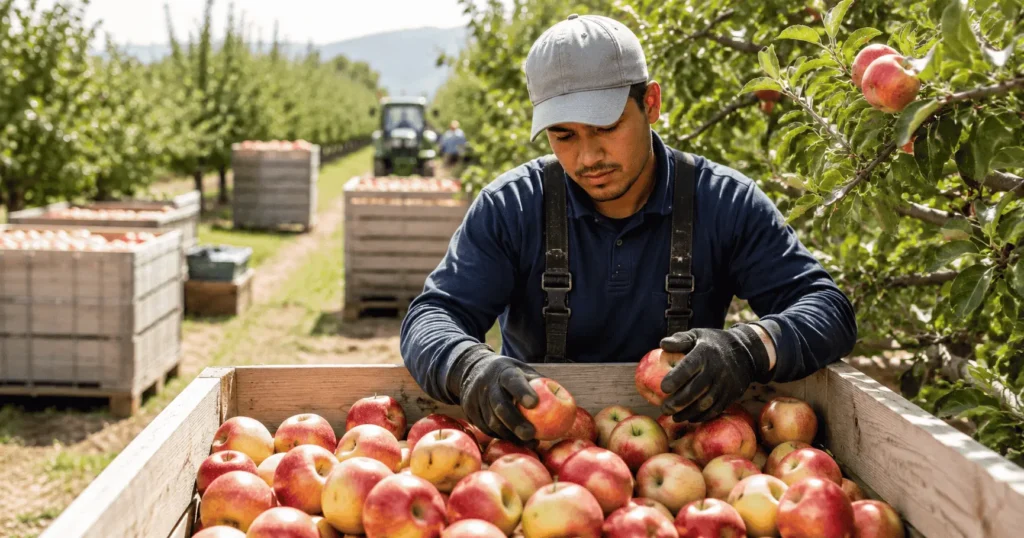 Apple farm worker sorting and grading fresh apples in a Canadian orchard before packing for market distribution