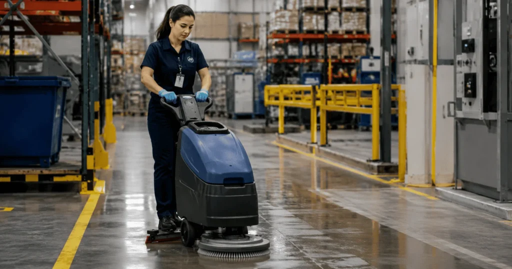 Cleaner Jobs in Poland 2026 worker cleaning a warehouse floor using an industrial floor cleaning machine