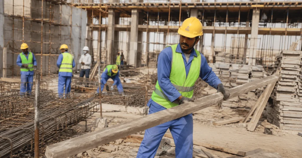 Construction Helper Job in Dubai worker carrying construction materials while assisting skilled workers at an active building site.