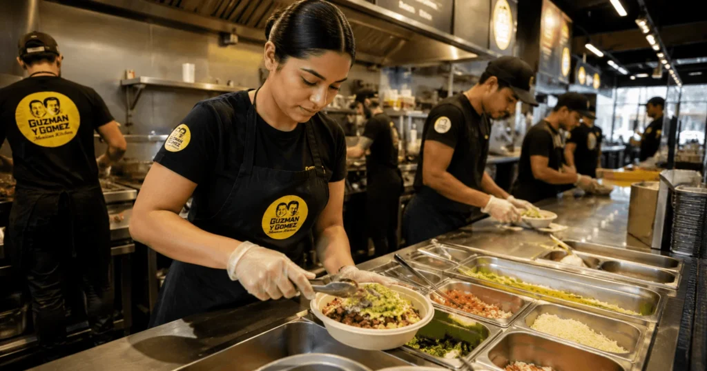 Cook Jobs in Australia at Guzman y Gomez Mexican Kitchen showing a professional cook preparing fresh Mexican food in a modern restaurant kitchen.