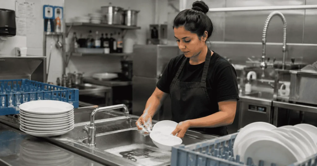 Kitchen Hand washing dishes in a commercial restaurant kitchen for Dishwasher Jobs in Australia 2026