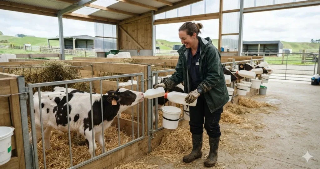 Dairy Farm Worker Jobs in New Zealand with a calf rearer caring for young dairy calves