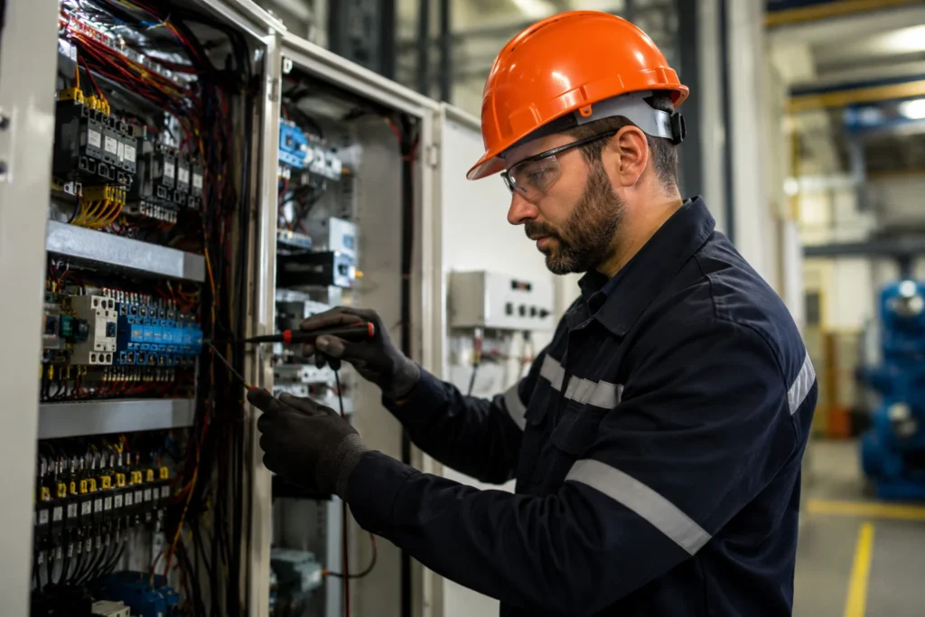 Professional electrical engineer inspecting an industrial electrical control panel at a modern manufacturing facility in Brazil