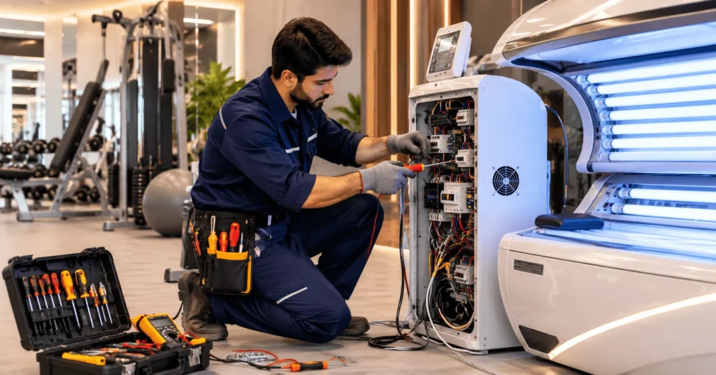 Electrician Jobs in Dubai technician repairing fitness equipment and tanning bed electrical system at a wellness studio in Dubai