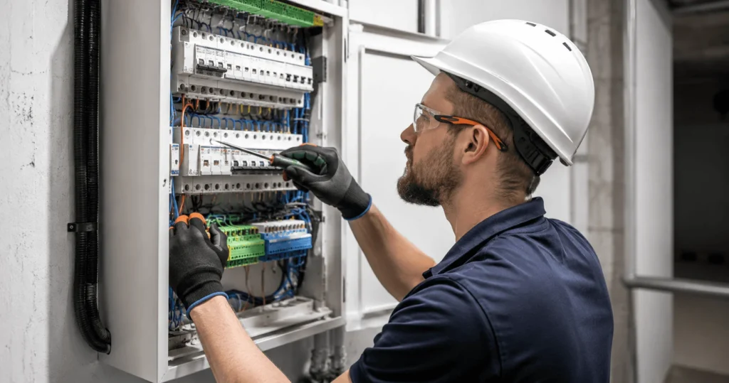 Registered electrician performing electrical maintenance work for Electrician Jobs in New Zealand 2026 at a commercial site in Auckland