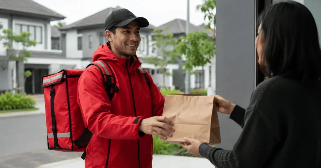 Delivery driver handing a food order to a customer during a DoorDash delivery job in New Zealand