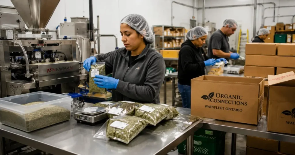 Workers packaging herb and spice products at Organic Connections, showcasing Food Production Jobs in Canada in a modern food manufacturing facility.