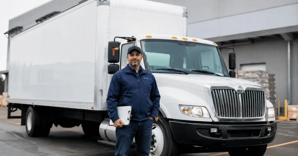 Freight Driver Jobs in Canada – professional commercial freight driver standing beside a delivery truck outside a warehouse in Ontario, Canada.