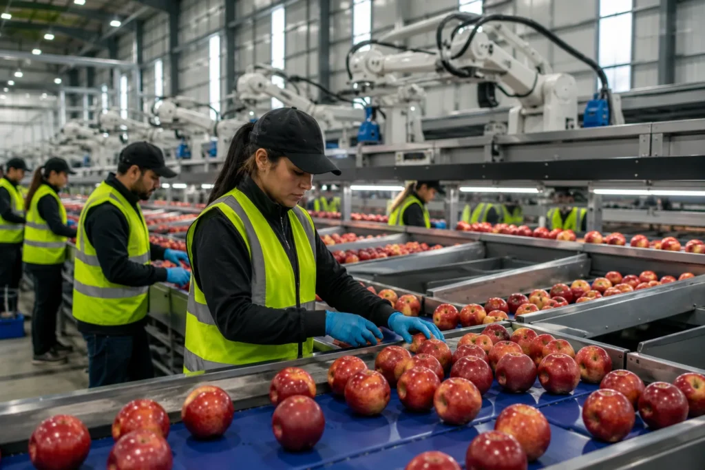 Workers sorting fresh apples in a modern automated packhouse for Fruit Picker Jobs in New Zealand.