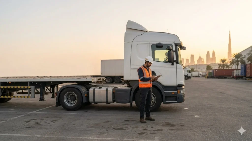 Heavy Truck Driver Job in Dubai with a professional UAE heavy truck driver standing beside a heavy-duty cargo truck in a Dubai logistics yard.
