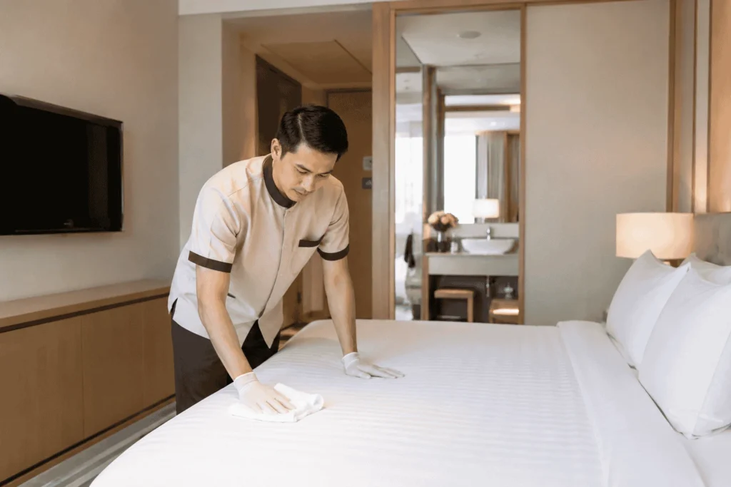 Professional male housekeeping cleaner making a hotel bed in a luxury hotel room for housekeeping cleaner jobs in Dubai 2026.