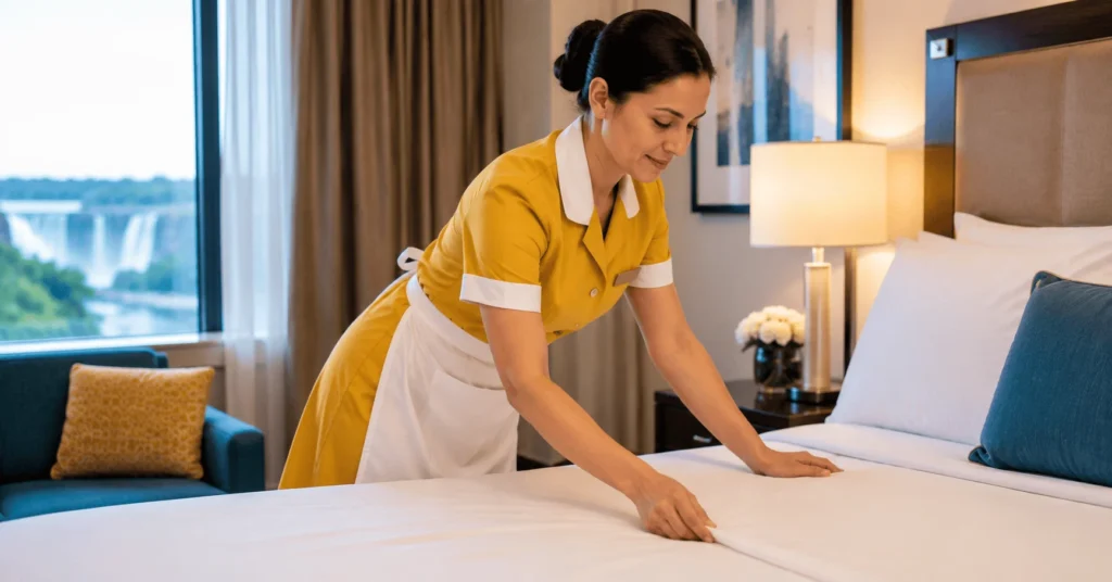 Housekeeping Room Attendant Jobs in Canada – Professional hotel room attendant cleaning and preparing a modern guest room in a Canadian hotel