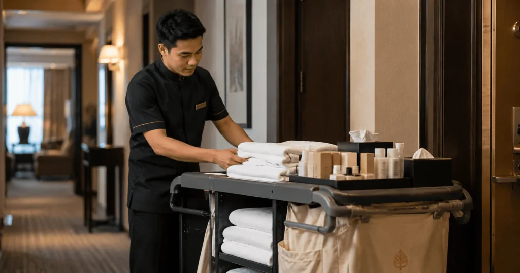 Houseman Jobs in Czechia – Hotel houseman arranging housekeeping supplies in a luxury hotel corridor in Prague