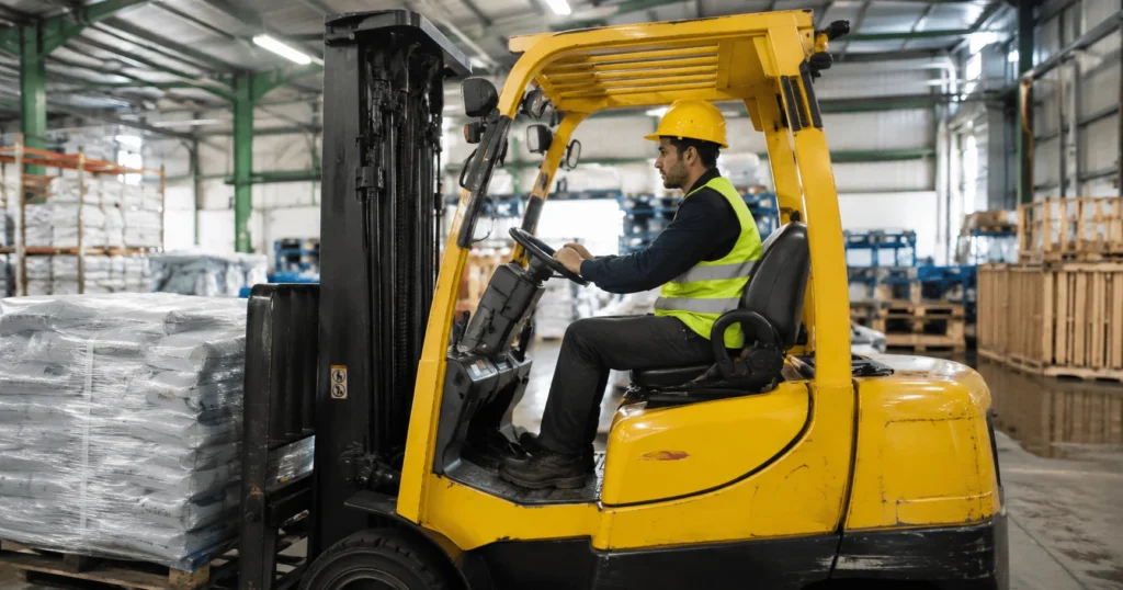 Industrial Driver Jobs in Brazil 2026 featuring an experienced factory driver transporting materials safely inside an industrial manufacturing facility in Boituva, São Paulo.
