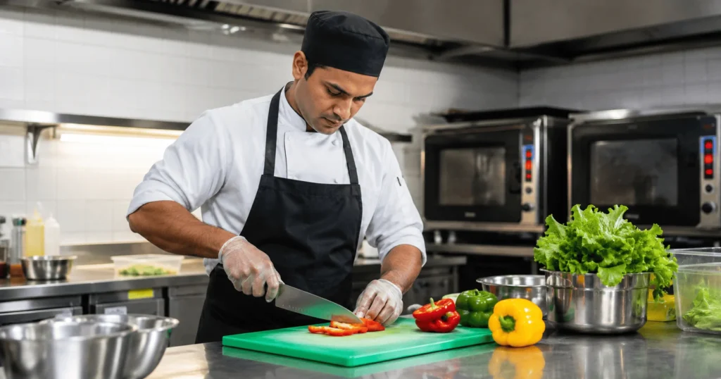 Kitchen Cook Job in Dubai with a professional chef preparing fresh vegetables and food in a modern commercial kitchen in Dubai.