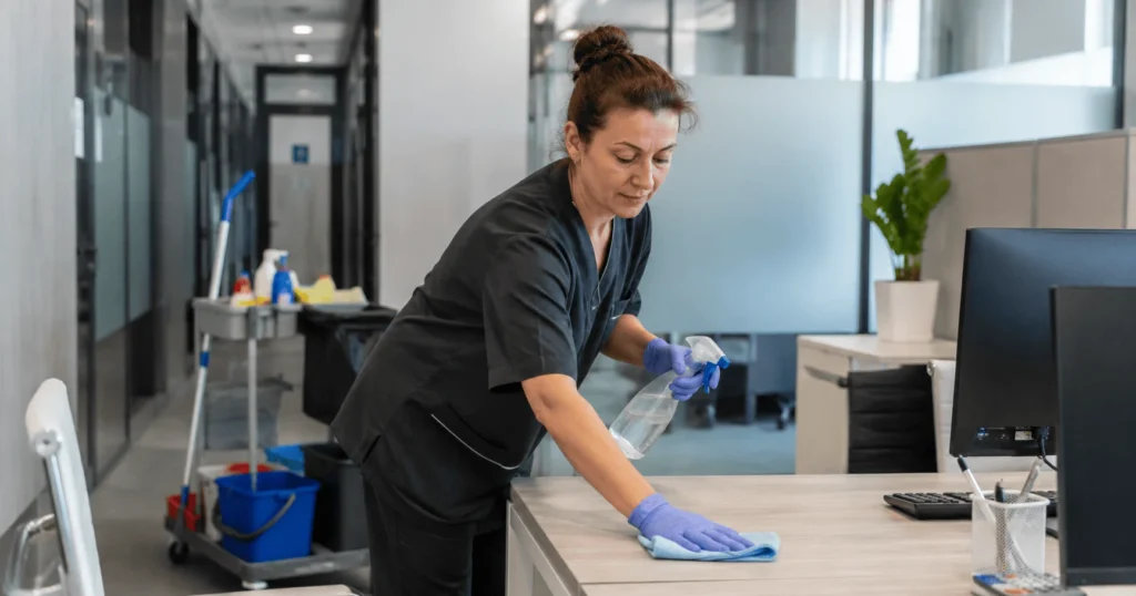 Office Cleaner Jobs in Czechia – Professional office cleaner cleaning a modern office workspace in Liberec