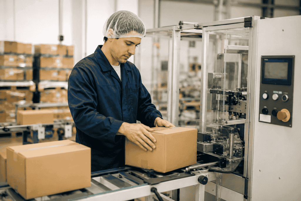 Packaging operator working with packaging machines and preparing products for shipment in a Brazil manufacturing factory.