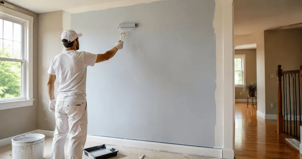 Professional residential painter applying interior wall paint for Painter Jobs in Canada at a premium painting company.