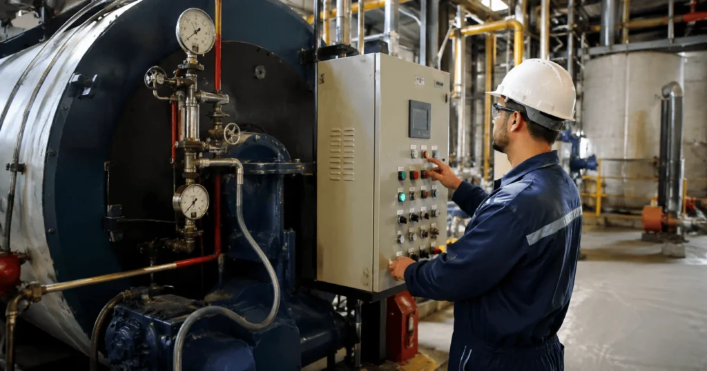 Skilled plant operator monitoring industrial boiler and manufacturing equipment for Plant Operator Jobs in Brazil at a modern production facility.