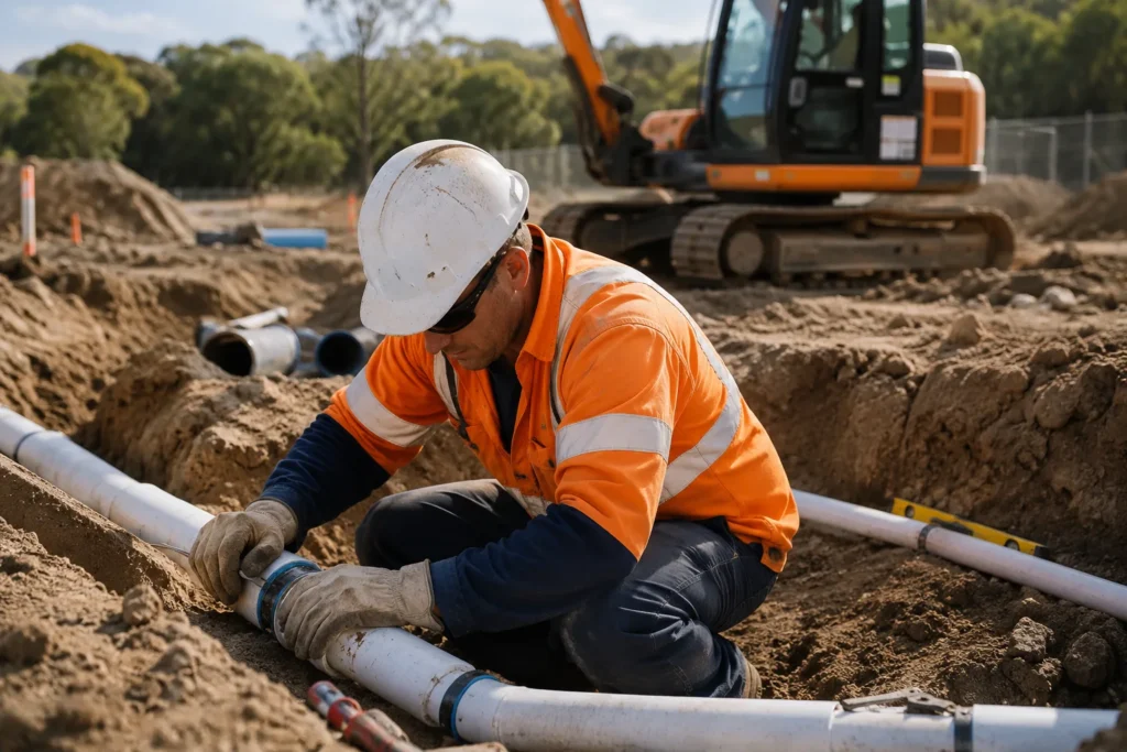 Experienced civil plumber installing underground water pipelines on a construction site in Regional NSW, Australia.