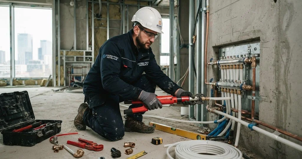Plumber Jobs in Poland featuring a skilled plumber installing water pipes on a construction site