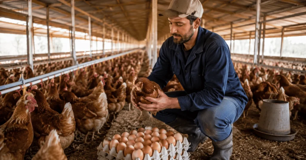 Experienced poultry farm worker caring for chickens and egg production at a free-range egg farm in Australia