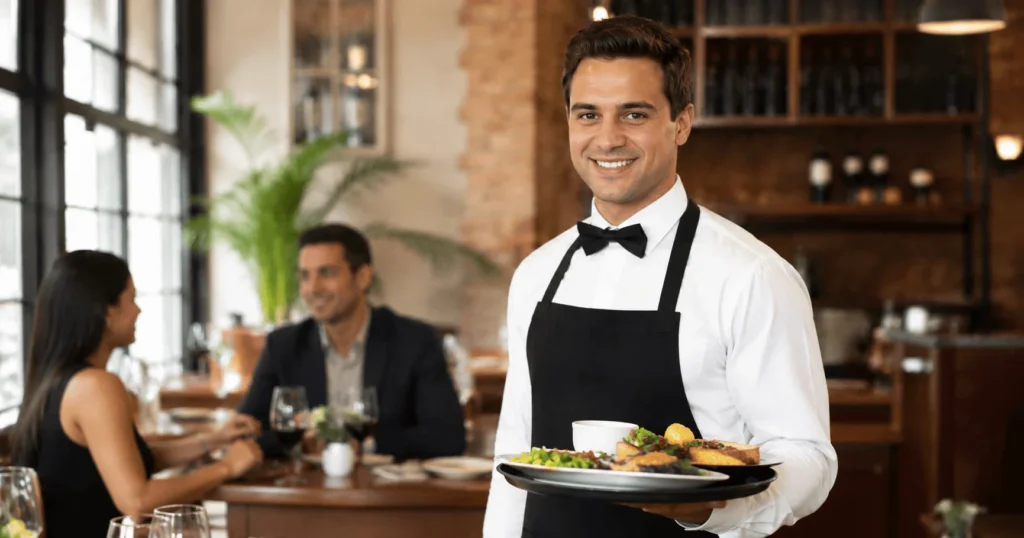 Professional restaurant waiter serving food to customers for Restaurant Waiter Jobs in Brazil 2026