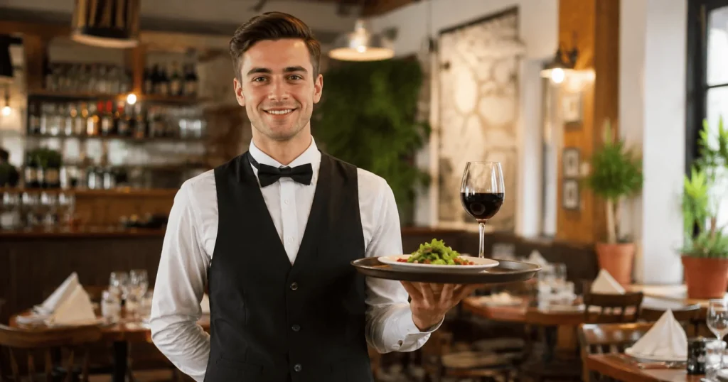 Restaurant Waiter Jobs in Poland professional waiter serving food and drinks to restaurant guests in a modern dining restaurant