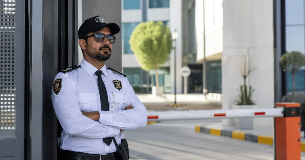 Security Guard Jobs in Dubai featuring a professional security officer monitoring the entrance of a modern commercial building in the UAE