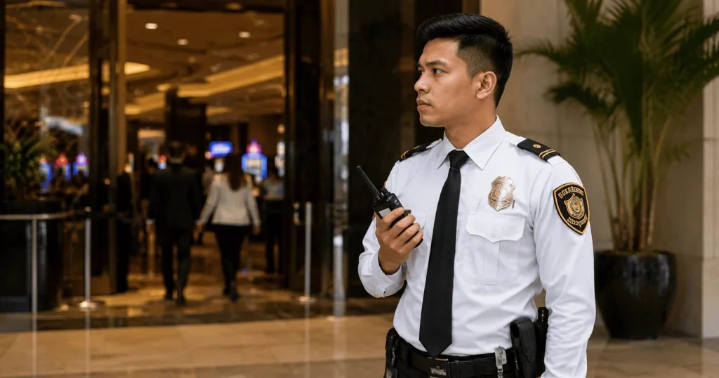 Security Guard Jobs in Philippines 2026 – Professional casino security officer monitoring guests and maintaining safety inside a modern casino.