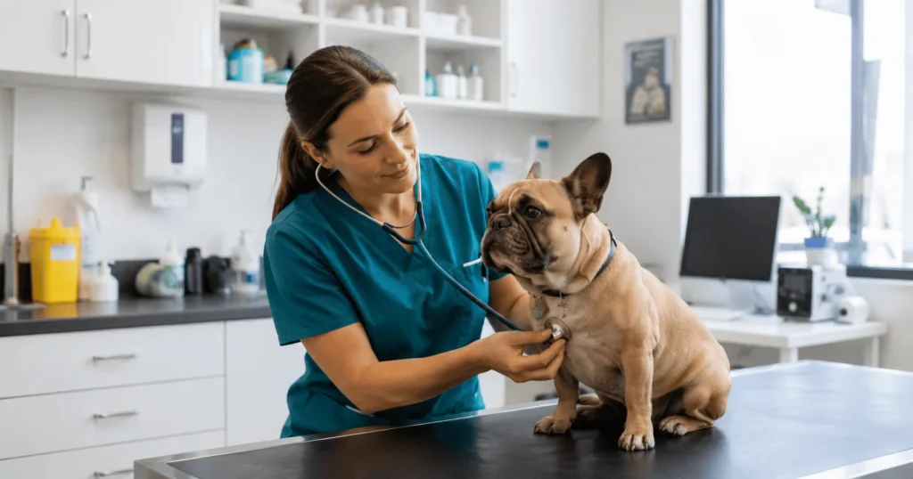 Small Animal Veterinarian Jobs in New Zealand – experienced veterinarian examining a pet dog at a modern veterinary clinic in Auckland.