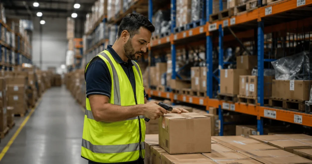 Storeperson Jobs in New Zealand – Warehouse Storeperson scanning inventory boxes inside a modern distribution centre in Auckland.