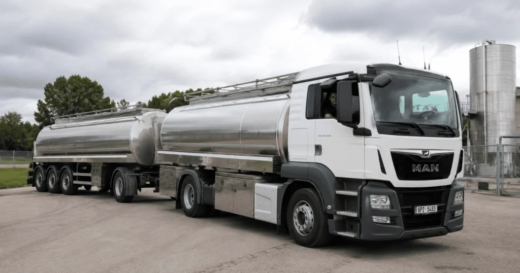 Truck Driver Jobs in Czechia 2026 featuring a professional C+E milk tanker truck transporting dairy products in the Czech Republic