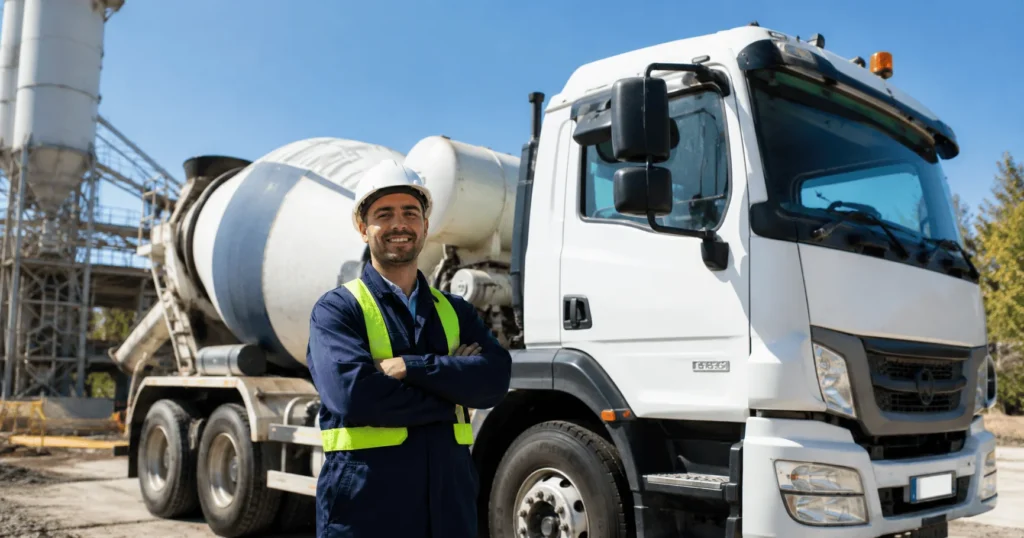 Truck Driver Jobs in New Zealand – Professional heavy truck driver standing beside a concrete truck at a construction site in Auckland.