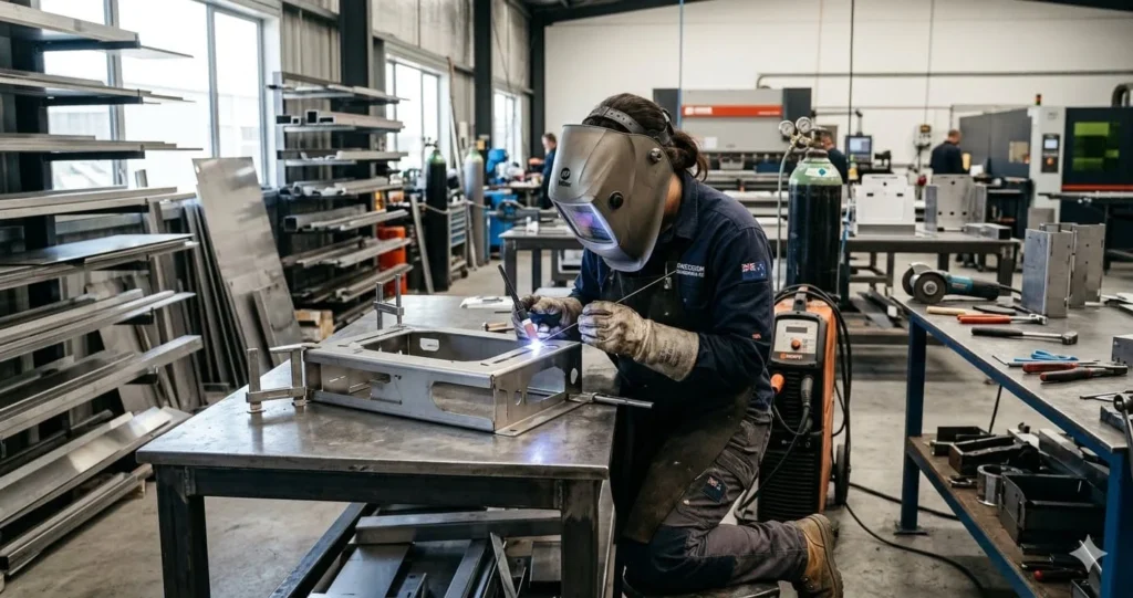 Welder Jobs in New Zealand featuring a skilled welder performing MIG welding in a metal fabrication workshop