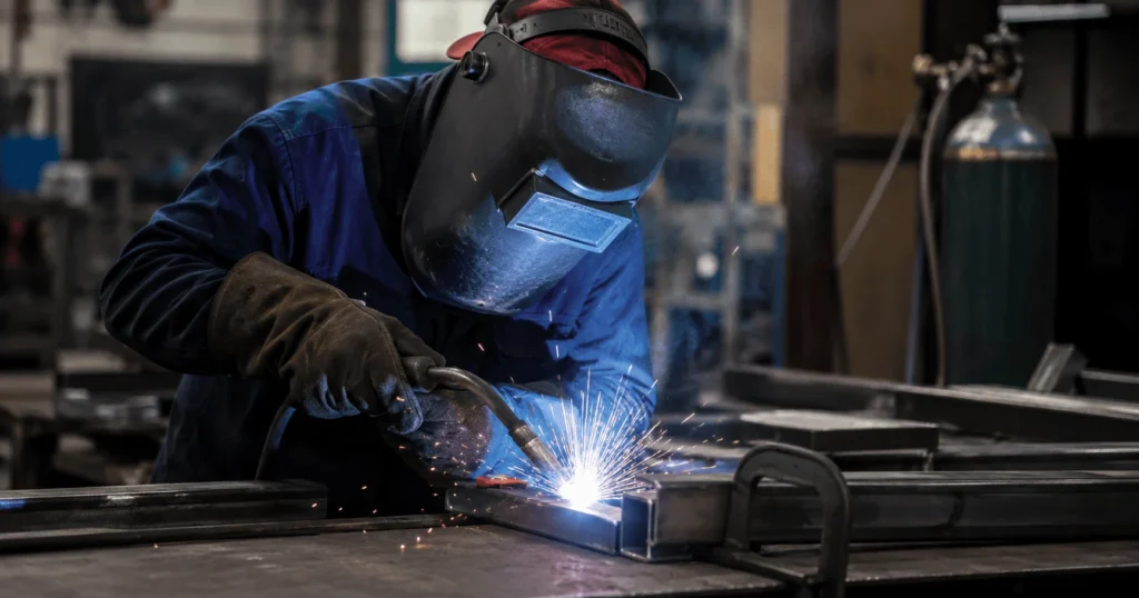 Professional welder performing industrial welding work for Welder Jobs in the Philippines using safety equipment and welding machinery.