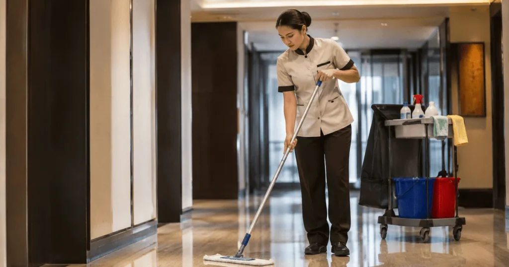 Housekeeping Jobs in Taiwan – hotel housekeeping staff cleaning a modern hotel corridor