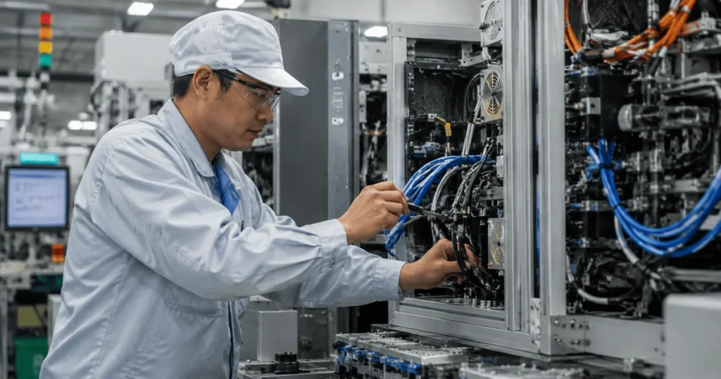Engineer Jobs in Taiwan showing a Maintenance Engineer inspecting semiconductor manufacturing equipment at a modern production facility.